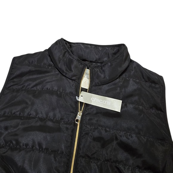 Chicos Womens Puffer Vest Size 2 Black Lined Pockets Mock Neck Full Zip Gold NWT - Picture 1 of 11